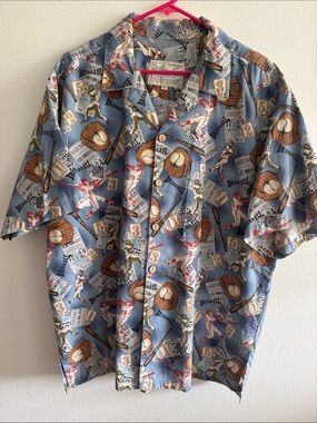 Men's Blue Baseball Print Camp Shirt size large